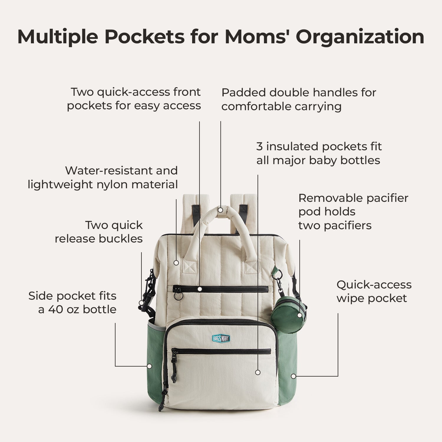 Multiple wide Pockets for Moms' Organization backpack celadon