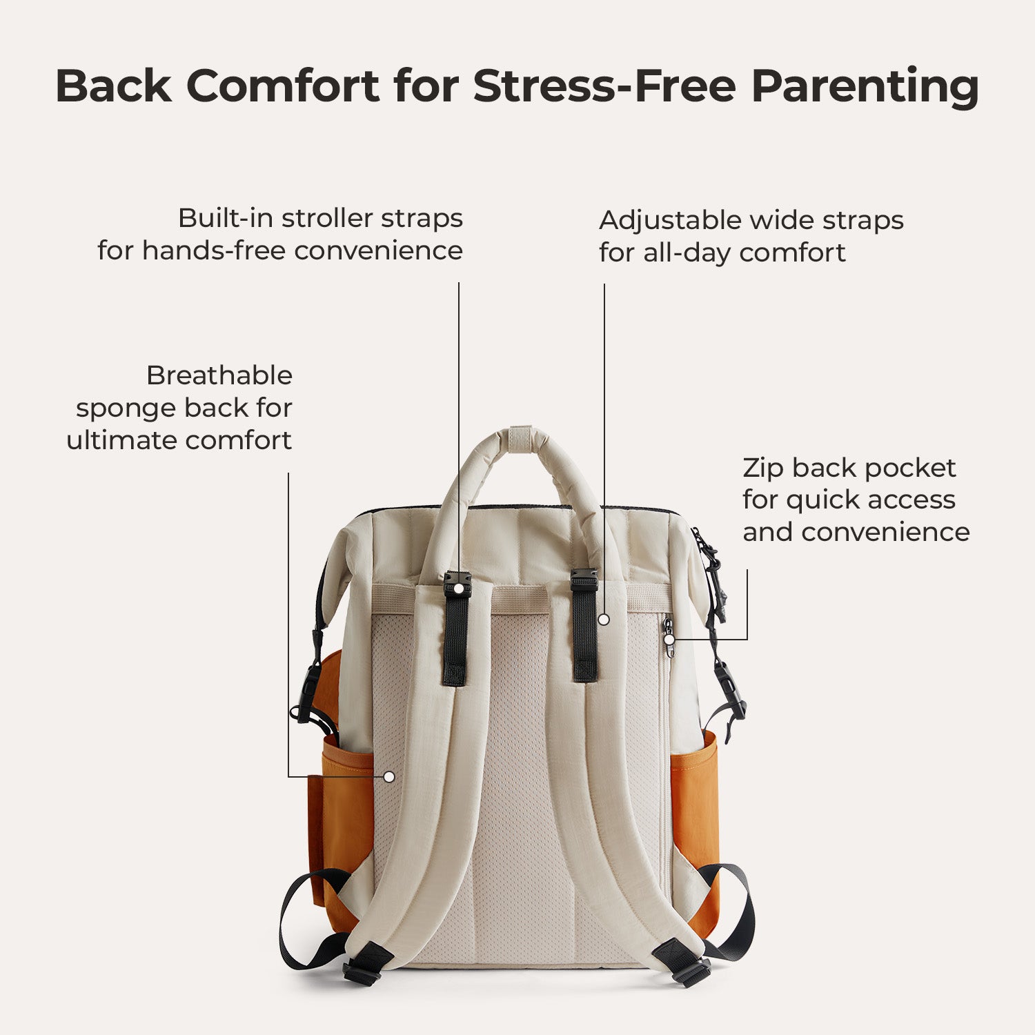 Multiple wide Pockets for Moms' Organization backpack tangerine